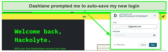 Screenshot of Dashlane auto-save feature in use