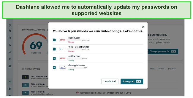 Screenshot of Dashlane's automatic password changer