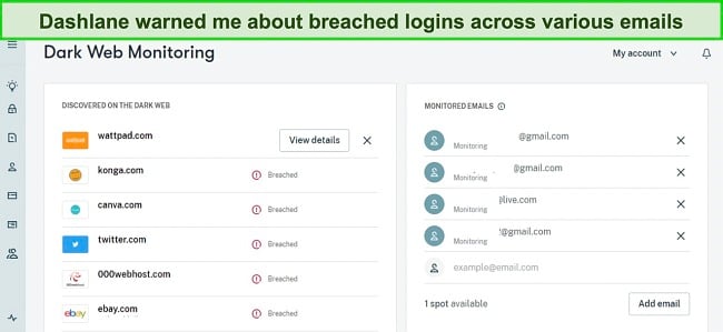 Screenshot of Dashlane's dark web monitoring scan results