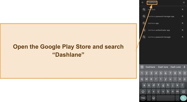 Screenshot showing how to find Dashlane in the Google Play Store
