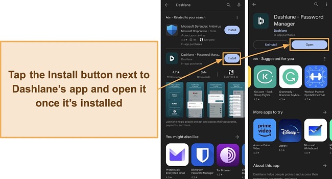 Screenshot showing how to install Dashlane via Google Play Store