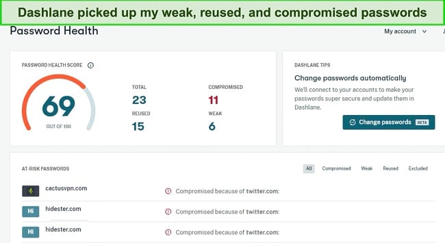 Screenshot showing Dashlane's Password Health report