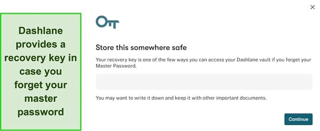 Screenshot showing Dashlane's recovery key feature