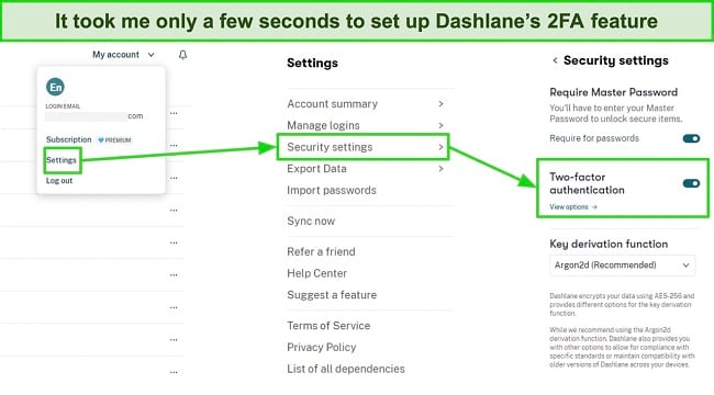 Screenshot showing how to set up Dashlane's two-factor authentication