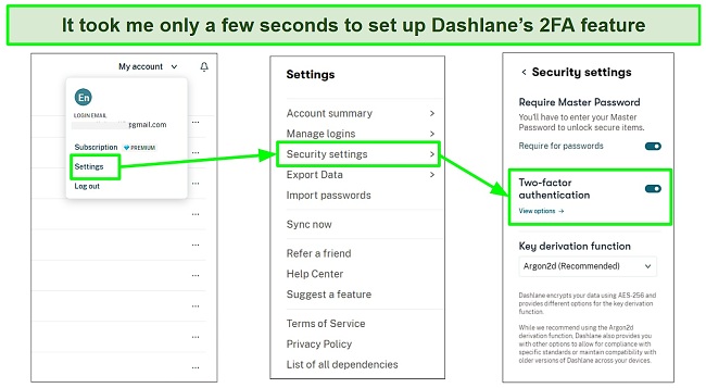 Screenshot Activating Dashlane's 2FA feature