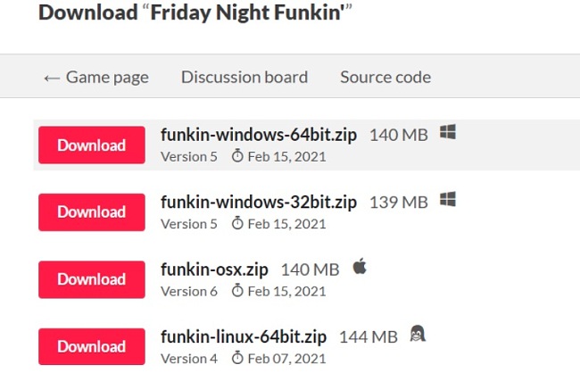 Capture d'écran des options de téléchargement de Friday Night Funkin