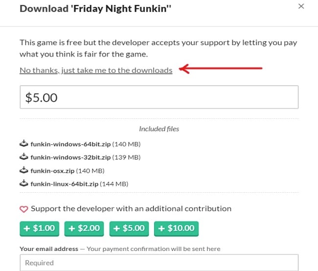 Screenshot del supporto per il download di Friday Night Funkin