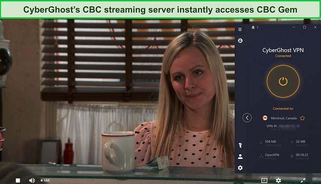 Screenshot showing CyberGhost's CBC optimized streaming server is connected while a live broadcast of CBC Gem plays