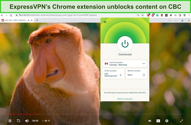 Screenshot of ExpressVPN's browser extention for Chrome connected to a server in Montreal while a CBC show plays