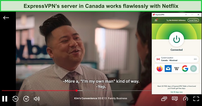Screenshot of Kim's Convenience streaming on Netflix while ExpressVPN is connected to a server in Canada