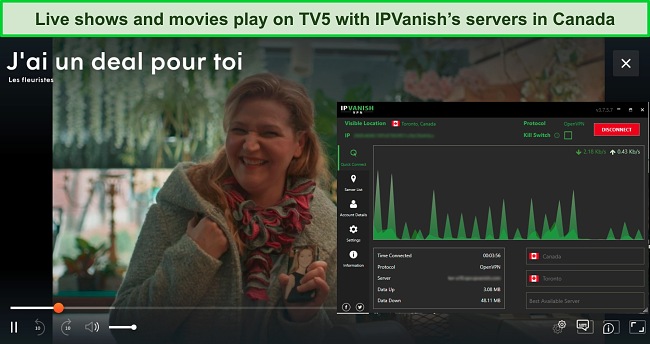 Screenshot of a show streaming on TV5 while IPVanish is connected to a server in Toronto