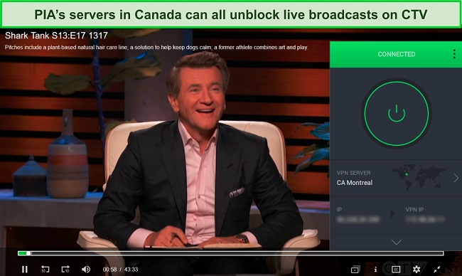 Screenshot of a live stream of CTV while PIA is connected to a server in Montreal