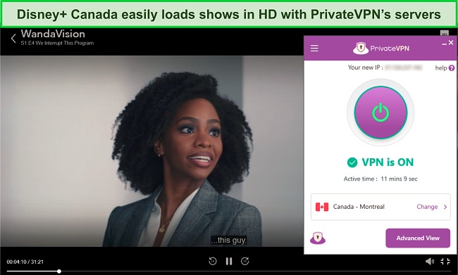 Screenshot of WandaVision streaming on Disney+ while PrivateVPN is connected to a server in Canada.