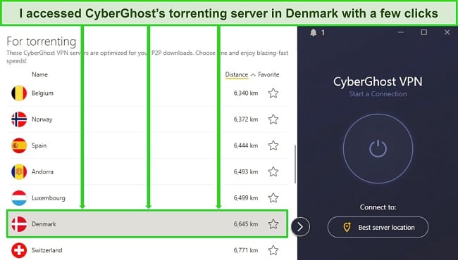 Screenshot of CyberGhost's torrenting server menu showing a Denmark P2P server