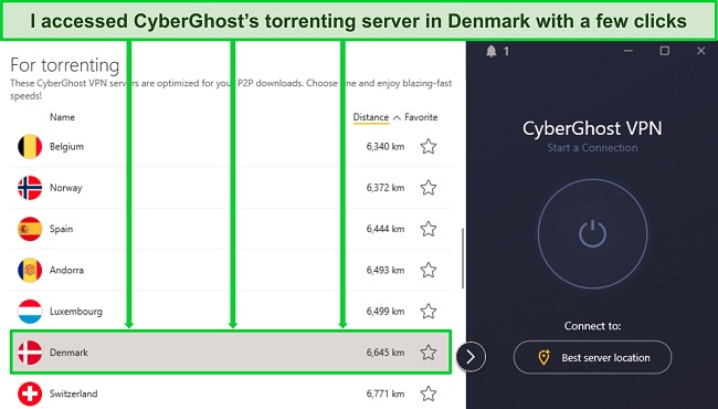 Screenshot of CyberGhost's torrenting server menu showing a Denmark P2P server