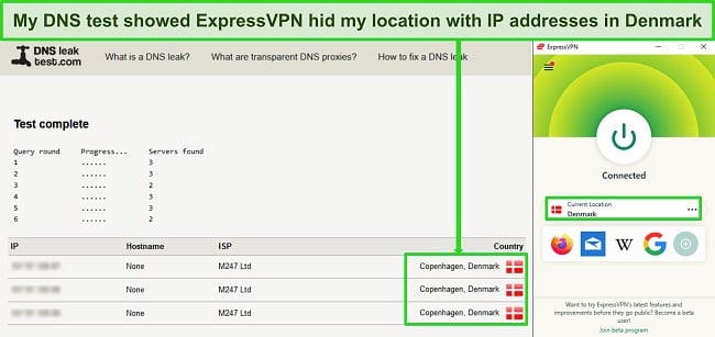 Screenshot of a successful DNS leak test while ExpressVPN is connected to a server in Denmark