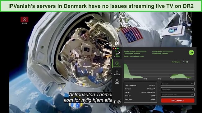 Screenshot of DR2 streaming live while IPVanish is connected to a server in Copenhagen
