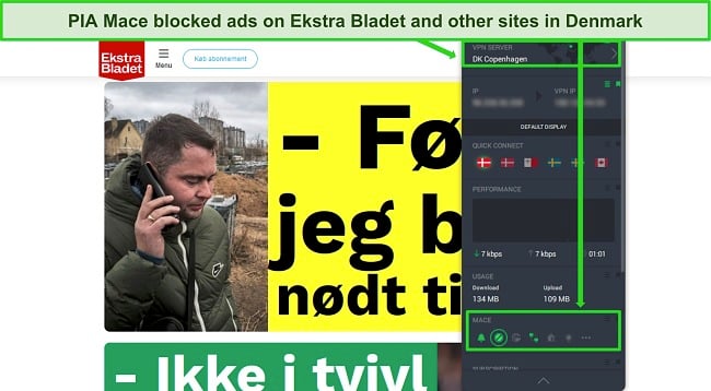 Screenshot of an ad-free Elkstra Bladet while PIA's expanded UI shows PIA Mace is while the VPN is connected to a server in Denmark.