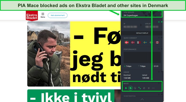 Screenshot of an ad-free Elkstra Bladet while PIA's expanded UI shows PIA Mace is while the VPN is connected to a server in Denmark.