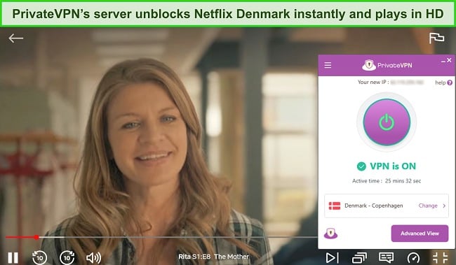 Screenshot of The Big Bang Theory streaming on Netflix Denmark while PrivateVPN is connected to a local server