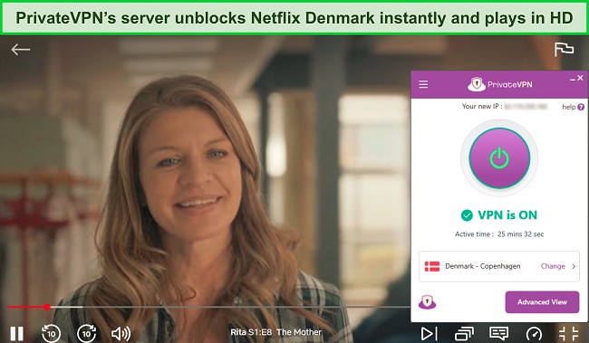 Screenshot of The Big Bang Theory streaming on Netflix Denmark while PrivateVPN is connected to a local server