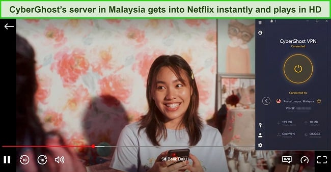 Screenshot of Sa Balik Baju streaming on Netflix while CyberGhost is connected to a server in Malaysia