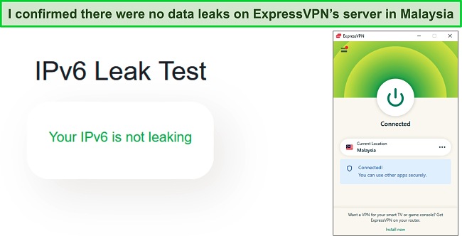 Screenshot of a successful IPv6 test while ExpressVPN is connected to a server in Malaysia