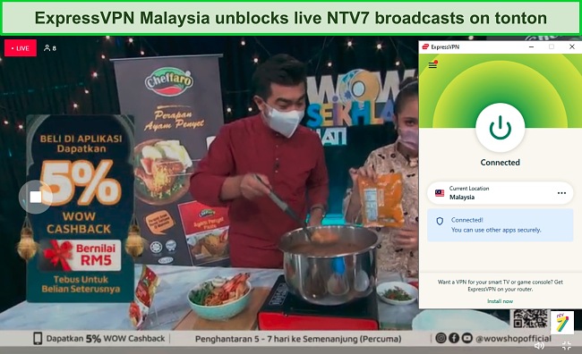 Screenshot of a live NTV7 broadcast while ExpressVPN is connected to a server in Malaysia