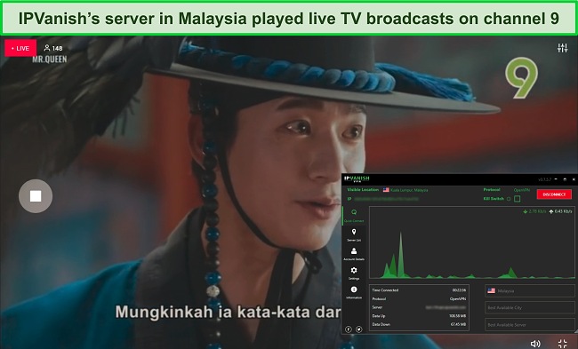 Screenshot of a live broadcast of channel 9 while IPVanish is connected to a server in Malaysia
