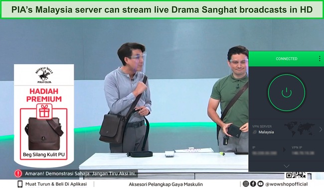 Screenshot of a live stream of Drama Sanghat while PIA is connected to a server in Malaysia