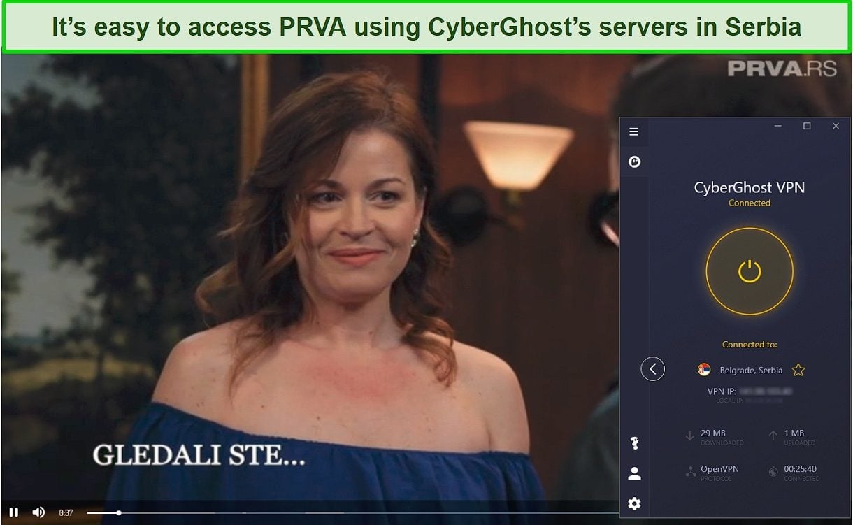 Screenshot of a show playing on PRVA while CyberGhost is connected to a server in Serbia