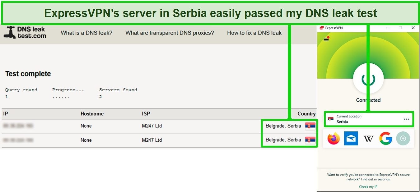 Screenshot of a passed DNS leak test while ExpressVPN is connected to a server in Serbia