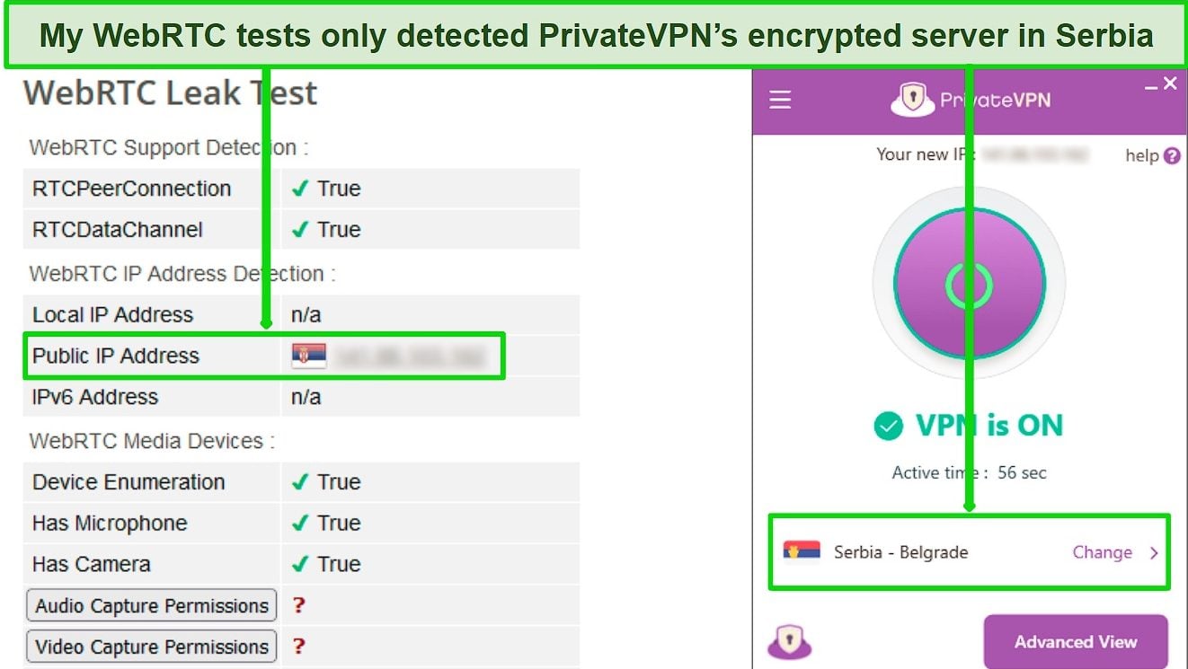 Screenshot of a successful WebRTC leak test while PrivateVPN is connected to a server in Serbia
