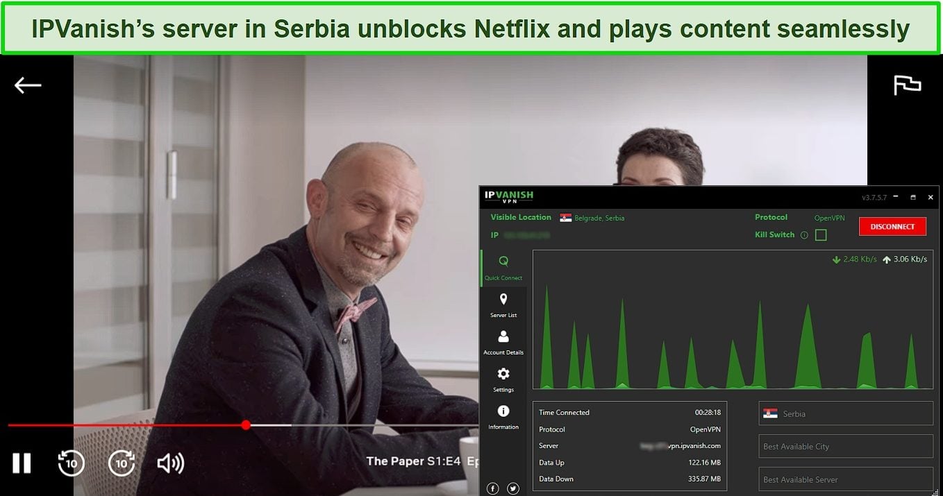 Screenshot of The Paper streaming on Netflix while IPVanish is connected to a server in Serbia
