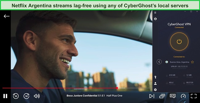 Screenshot of Boca Juniors Confidential streaming on Netflix Argentina while CyberGhost is connected to a server in the country