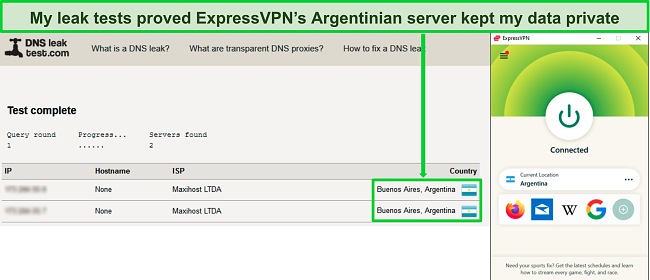 Screenshot of a DNS test showing 2 servers in Argentina while ExpressVPN is connected