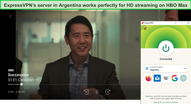 Screenshot of Succession streaming on HBO Max while ExpressVPN is connected to a server in Argentina