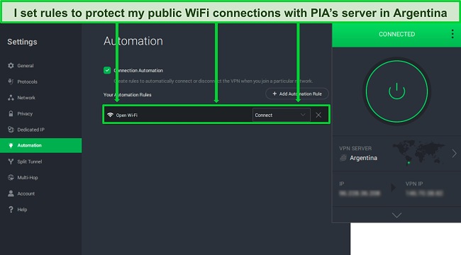 Screenshot of PIA's connection automation settings screen while PIA is connected to a server in Argentina