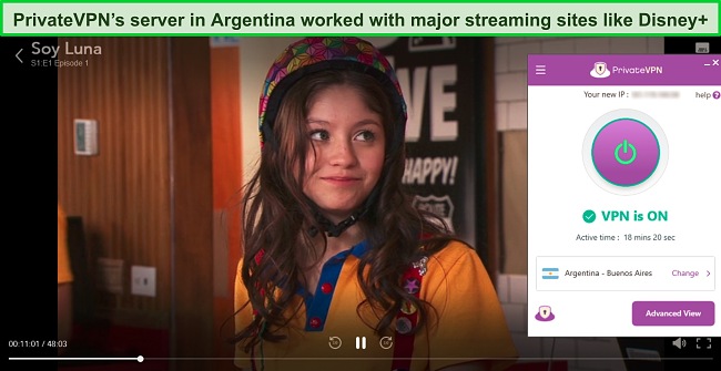 Screenshot of Soy Luna playing on Disney+ while PrivateVPN is connected to a server in Argentina