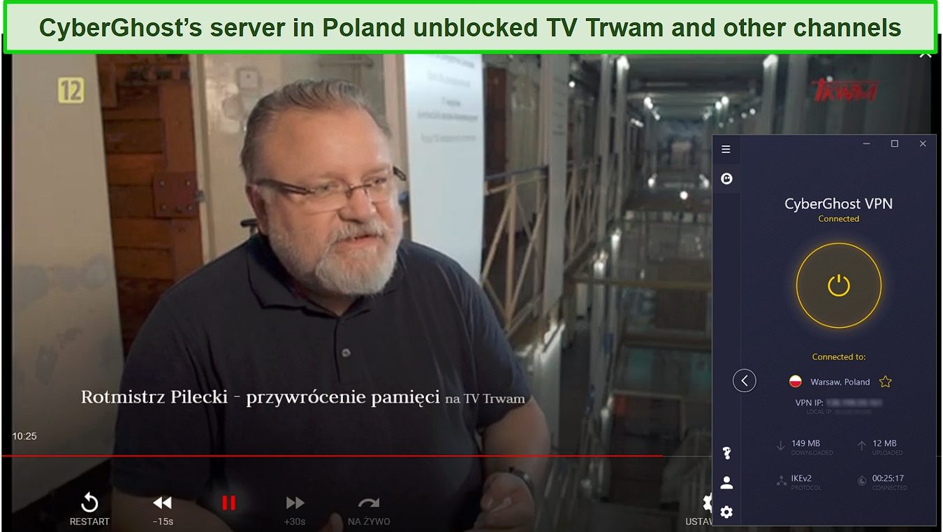 Screenshot of TV Trwam streaming a live broadcast while CyberGhost is connected to a server in Poland
