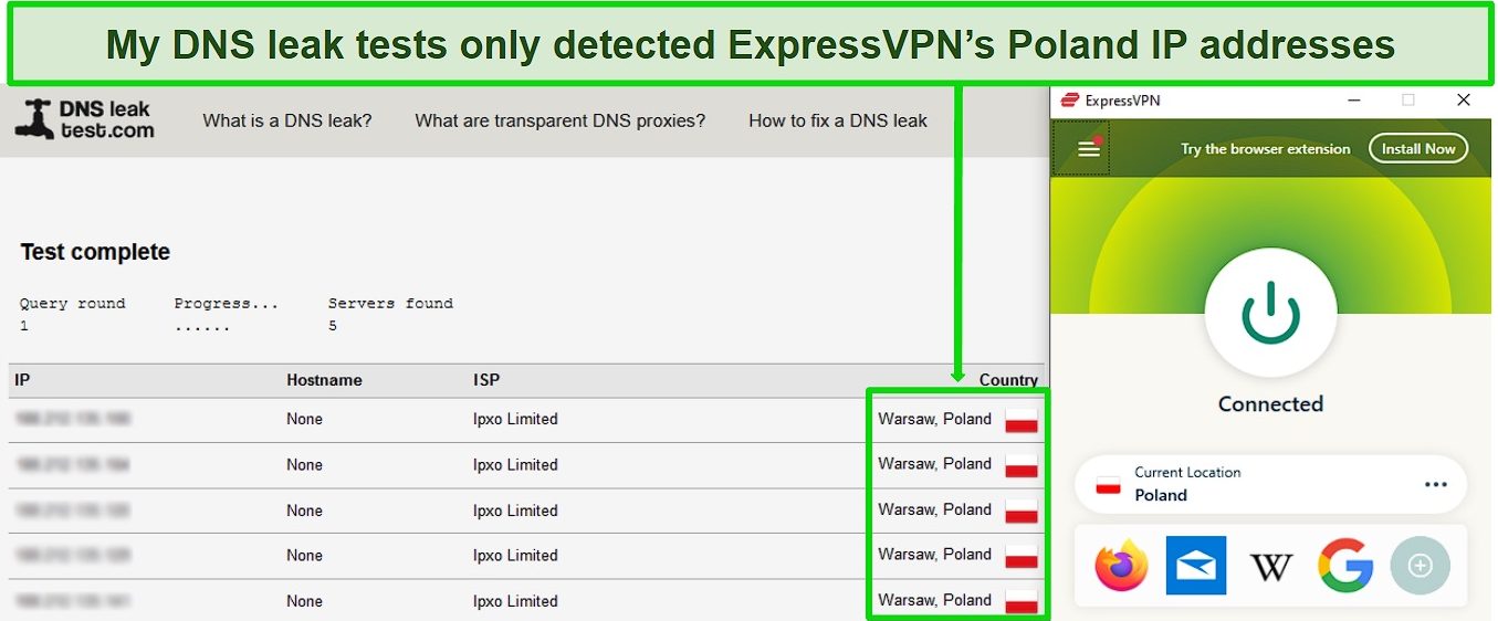 Screenshot of a successful DNS leak test while ExpressVPN is connected to a server in Poland