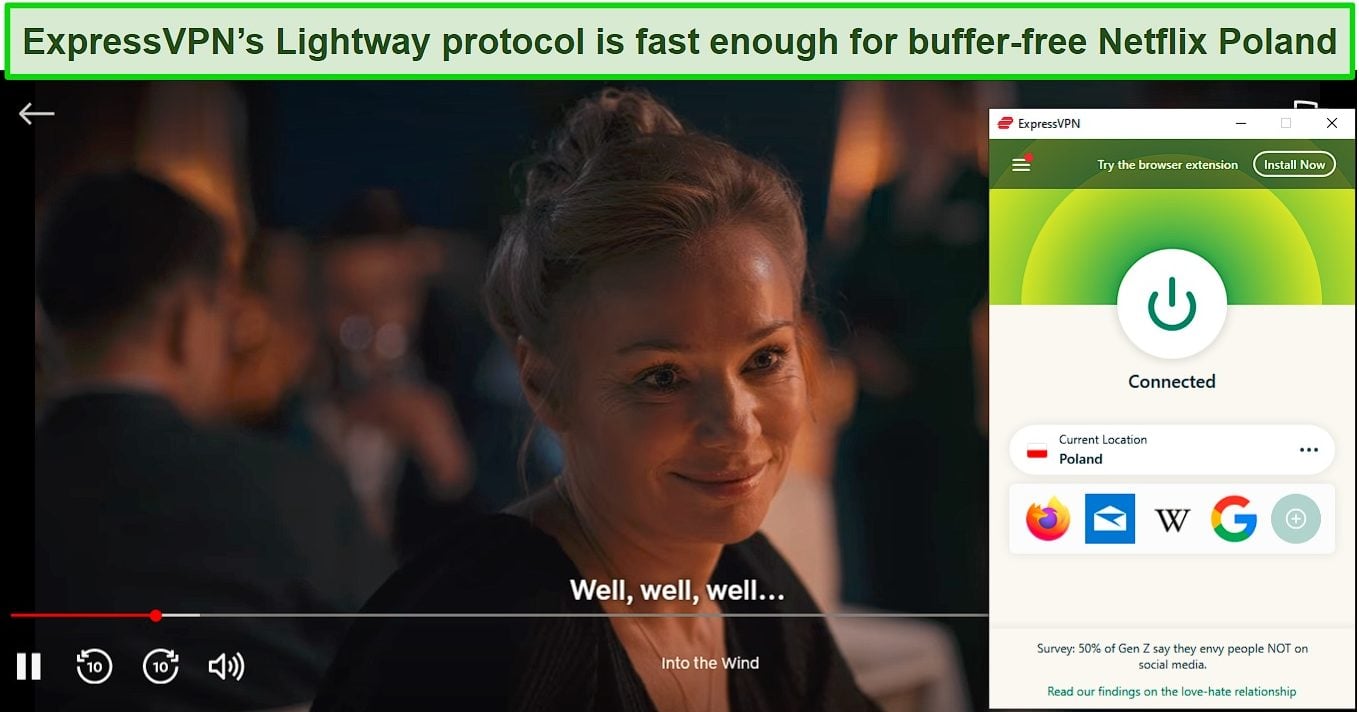 Screenshot of Netflix Poland streaming Into the Wind while ExpressVPN is connected to a server in Poland