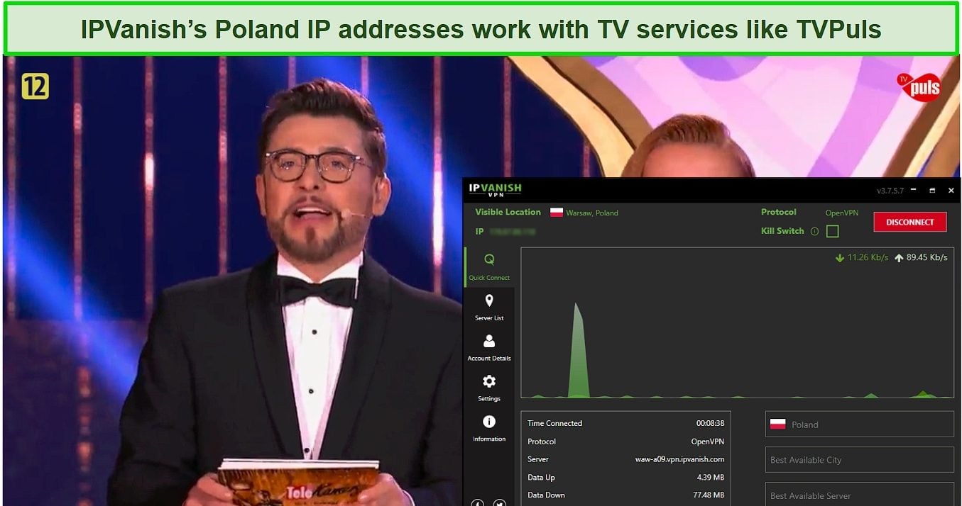 Screenshot of tvPuls streaming a live show while IPVanish is connected to a server in Poland