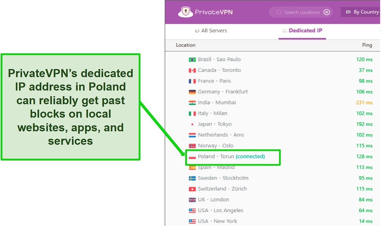 Screenshot of PrivateVPN's Dedicated IP address server menu in the Windows app