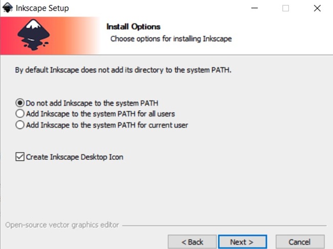 Captura de tela das opções de instalação do Inkscape