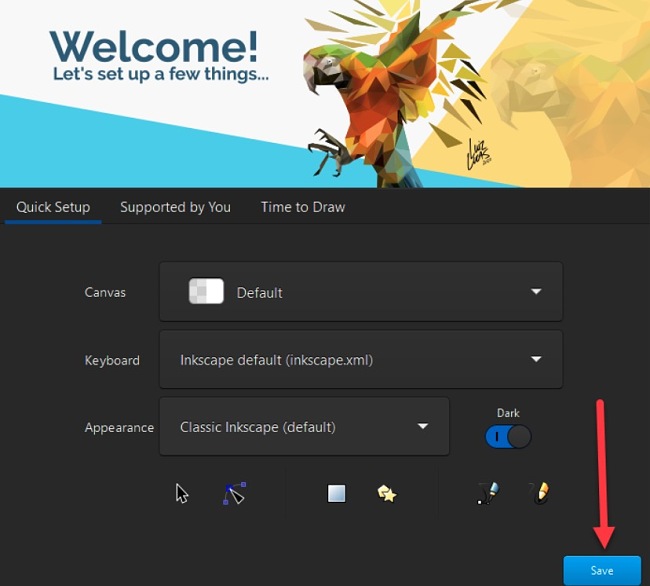 Captura de tela de configuração rápida do Inkscape