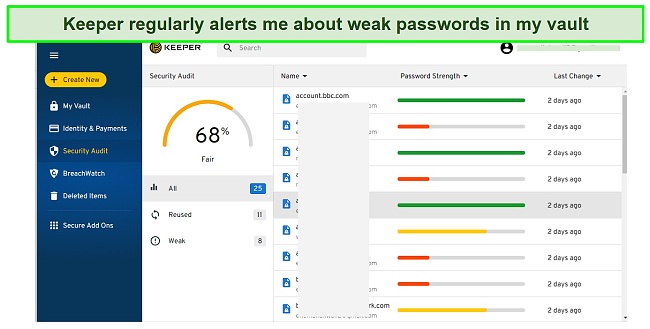 Screenshot of Keeper password security audit feature