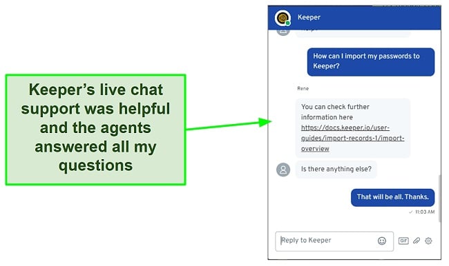 Screenshot of Keeper live chat support