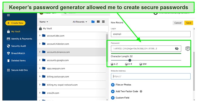 Screenshot of Keeper password generator