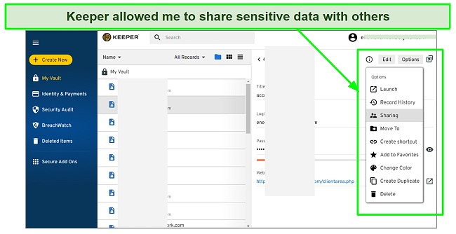 Screenshot of Keeper's sharing feature